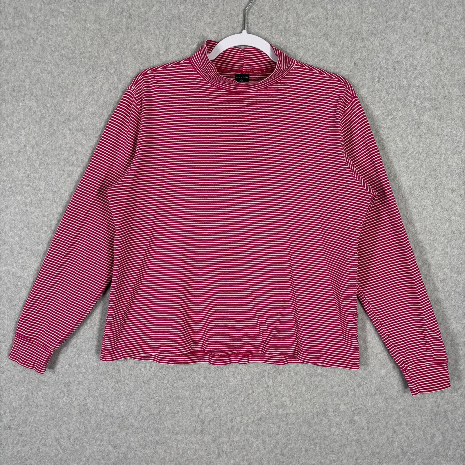 Lands End Womens Pink Stripe Cotton Mock Turtleneck Shirt Medium Base Layer