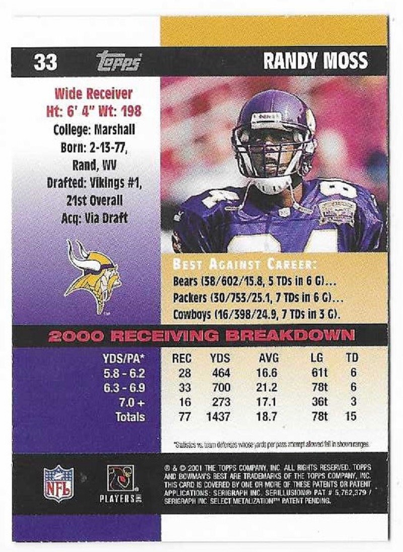 RANDY MOSS 2001 Bowman's Best Football # 33 Minnesota Vikings HOF