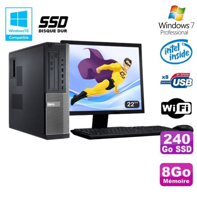 Set PC DELL 3010 Dt Intel G2020 DVD 8Go Disco 240Go SSD Wifi Win 7 + Schermo 22