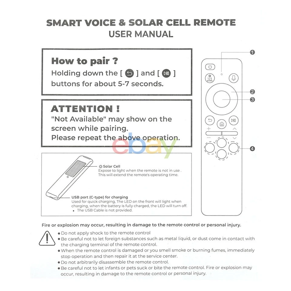 New BN59-01455E For Samsung Rechargeable Solar Cell Voice TV Remote BN59-01455A - image 4 of 4