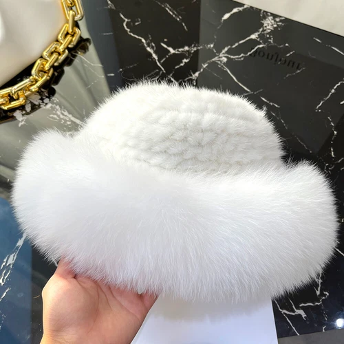 Cappello donna vera pelliccia di visone secchiello berretto caldo lavorato a maglia invernale con orlo pelliccia di volpe - Foto 4 di 31