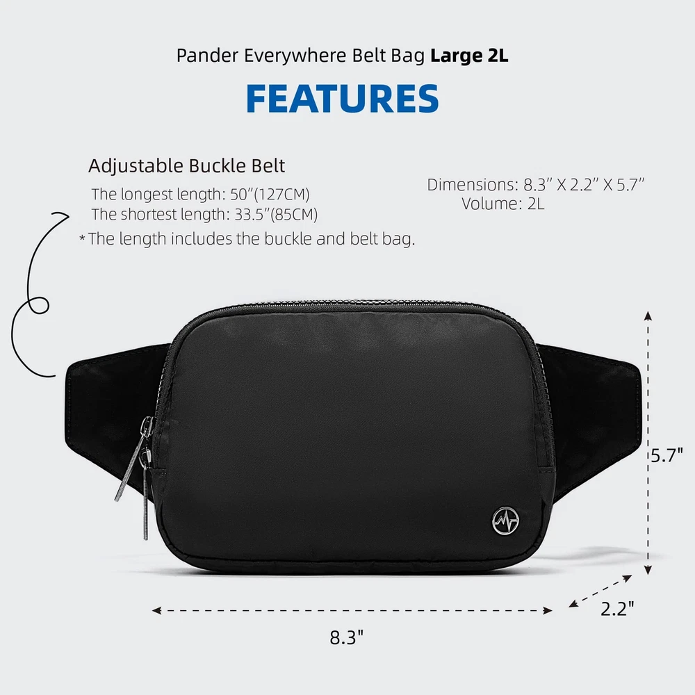 Waterproof 2L Large Belt Bag Fanny Pack for Women and Men