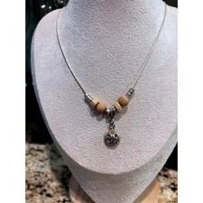 Kids Autumn Pumpkin Charm Necklace, Wooden Beads Silver Tone Chain 17 in fall