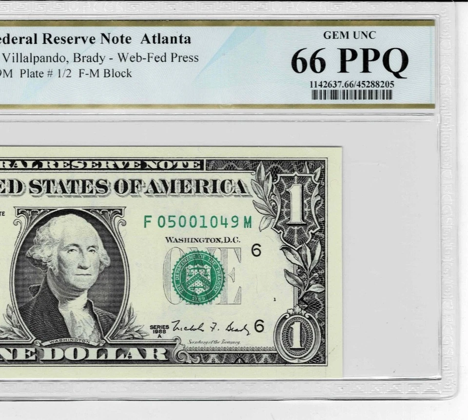 1988a $1 Federal Reserve 'WEB' Note- FM block--(combo 1/2) -PCGS 66 PPQ--1 finer - Image 3 of 4