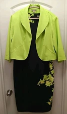 Maya Brooke Midi Dress Suit Size 20W Black Lime Green Flowers Open Crop Jacket
