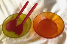 2 RESIN BOWLS or PLATES orange & green & Set of SALAD SERVERS red Handcrafted