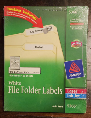 Avery 5366 White File Folder Labels 1/3Cut TrueBlock Laser Ink Jet 1500Pk (L7)