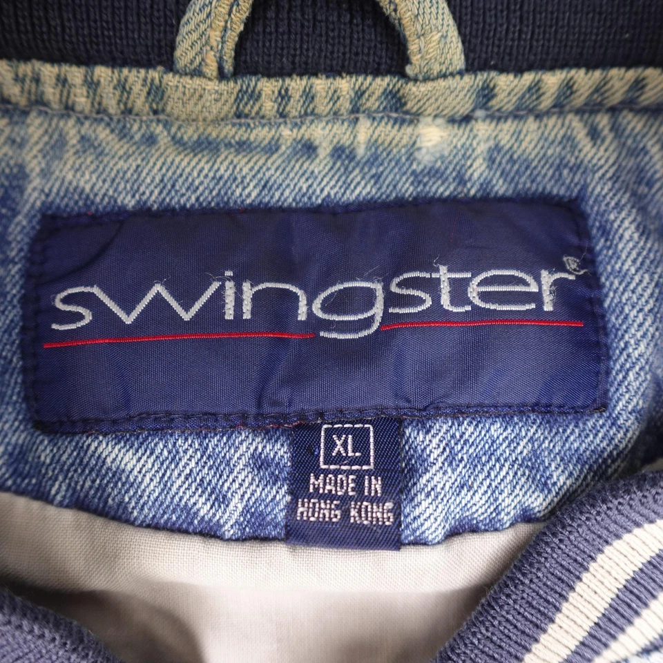 Jaqueta jeans vintage Swingster masculina XL GMC caminhão Varsity bombardeiro anos 90 Thrashed - Imagem 3 de 4