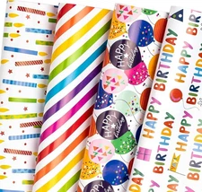 Birthday Wrapping Paper Sheet - 12 Sheets Folded Flat with 12 Gift Tags for Part