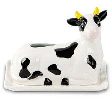 Cow Butter Dish With Lid For Countertop Ceramic Butterdish Cute Tray Black