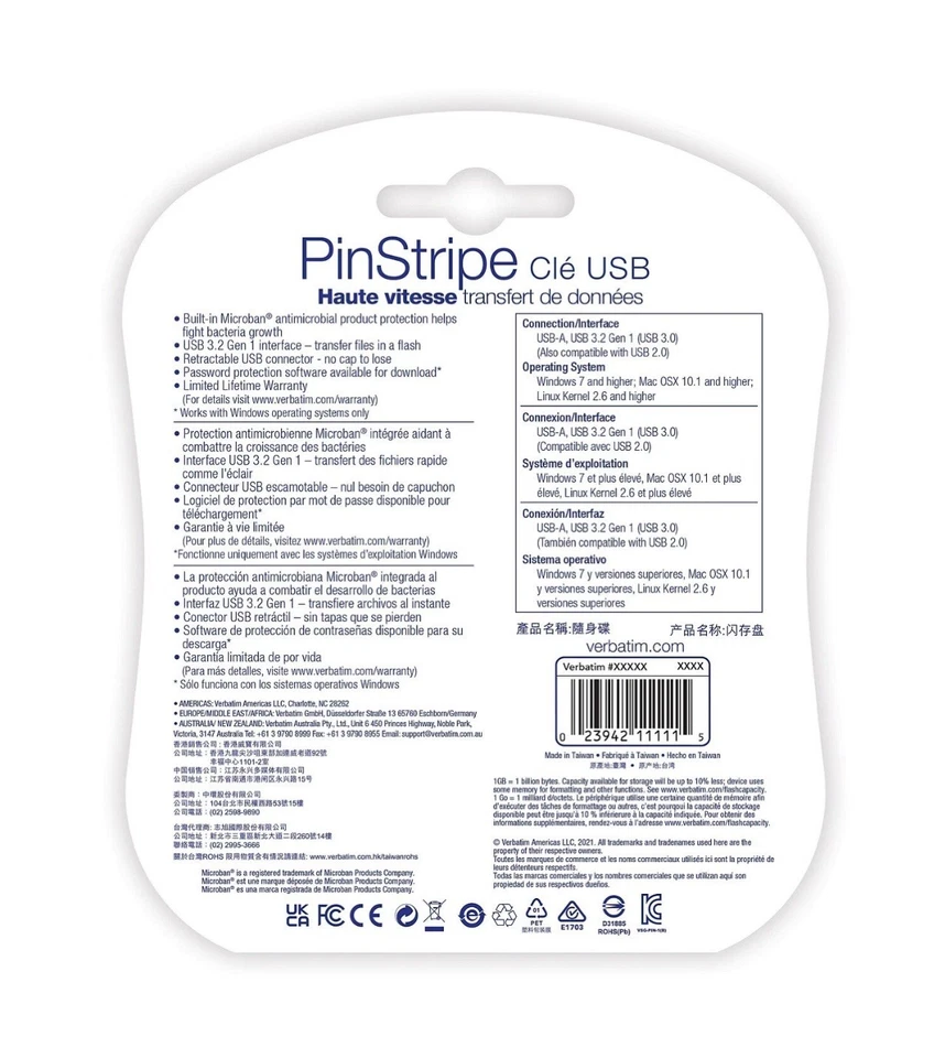 Verbatim PinStripe 64GB USB 3.2 Type-A Flash Drive Assorted Colors 5/Pack - Image 3 of 3