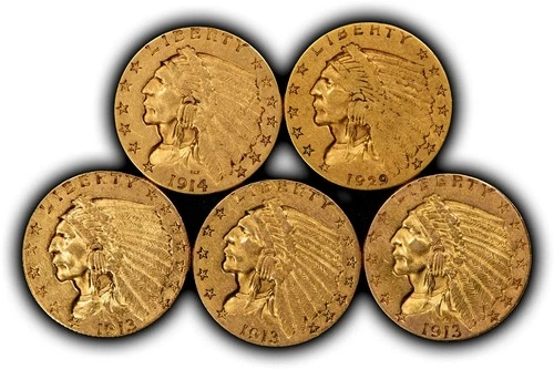 5-Coin $2.50 Indian Head Gold Quarter Eagle - Authentic US Gold Lot - SKU-G6074