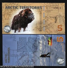 ARCTIC TERRITORIES 5 DOLLARS 2012 POLYMER UNC WILD MUSK OX NORTH POLE EXPEDITION