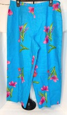 Talbots Petites Pants Womens 14 Blue Linen Floral Lined Cropped Side Zip NWT