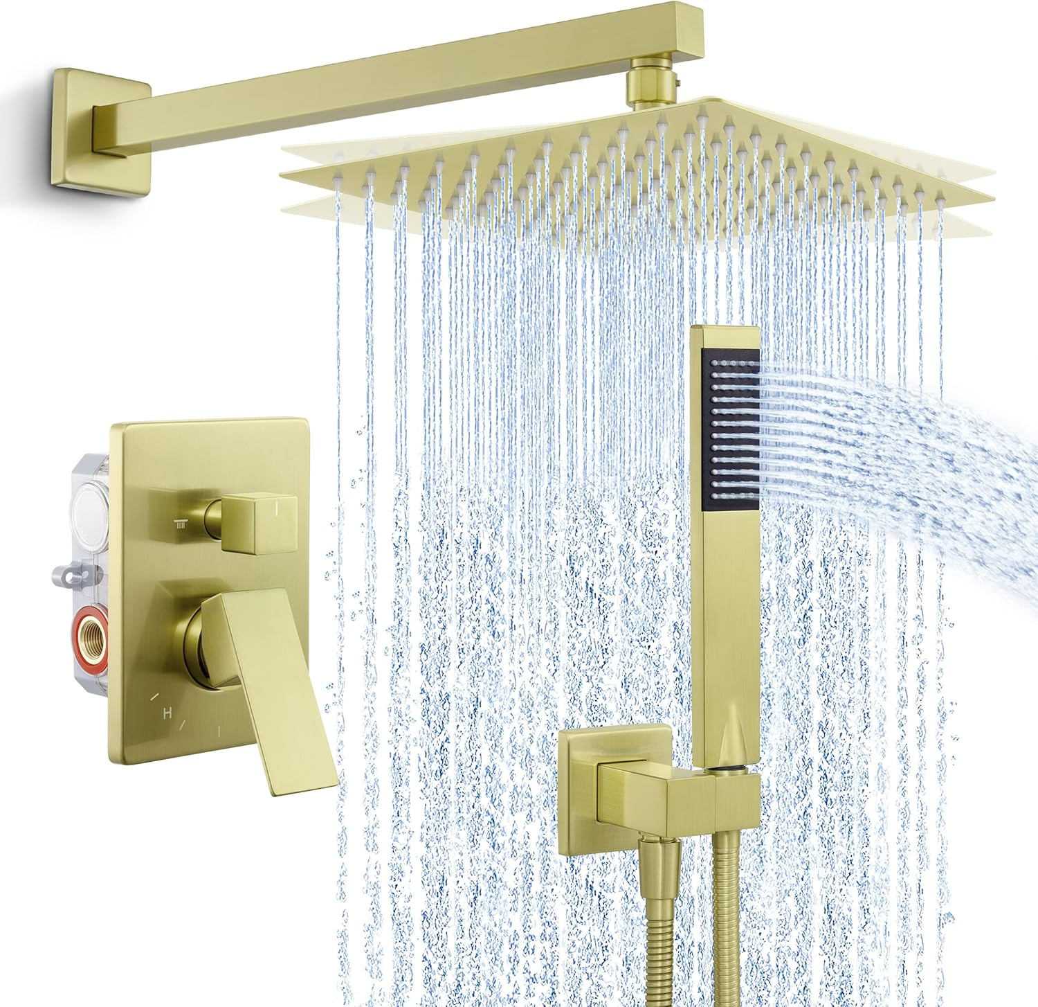 Gold Shower Faucet Set, Shower System 10 Inches Rain Shower Head with Handheld,
