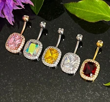 1pc Oval CZ Gem Surrounded Belly Button Ring Pierced Navel Gold Plated Naval