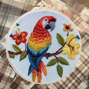 Beautiful Colorful Parrot KIT to embroider-INCLUDES PLASTIC HOOP
