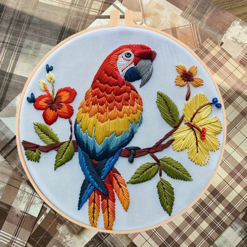 Beautiful Colorful Parrot KIT to embroider-INCLUDES PLASTIC HOOP