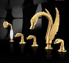 5PCS Gold Swan Shaped Bathtub Faucet Set Shower Hand Spray Deck Mount Mixer Tap