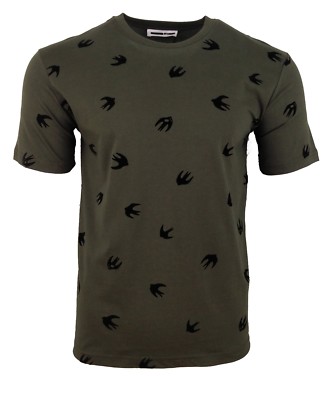 MCQ T-SHIRT BEFLOCKT MINI SCHWALBENDRUCK GRÜN SCHWARZ ALEXANDER MCQUEEN VELOUR VOGEL