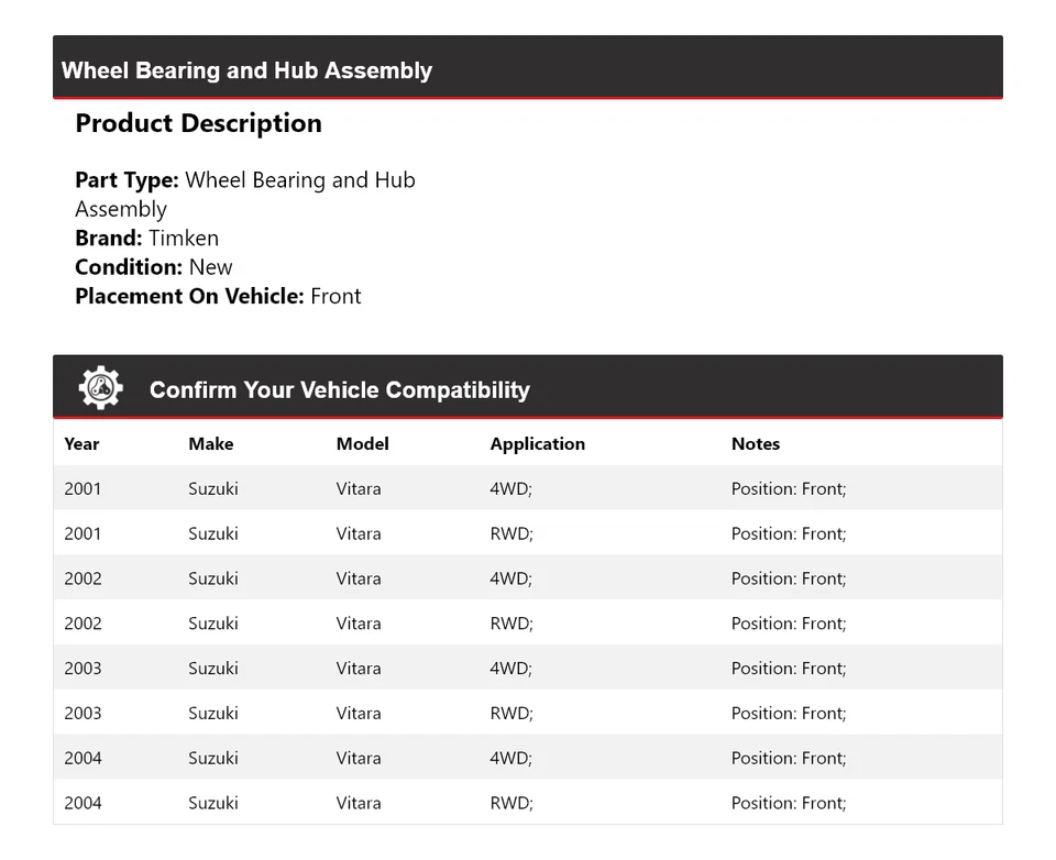 Conjunto de cojinete de rueda y buje delantero Timken 2002 para Suzuki Vitara 2001-2004 Foto 2 de 4