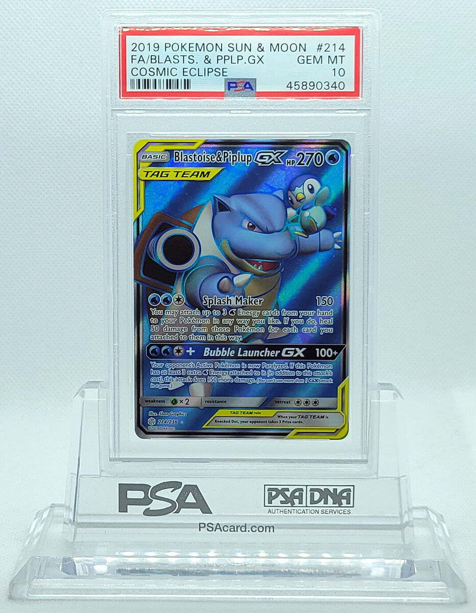 POKEMON COSMIC ECLIPSE BLASTOISE & PIPLUP GX #214 HOLO PSA POKEMON COSMIC ECLIPSE BLASTOISE & PIPLUP GX #214 HOLO PSA