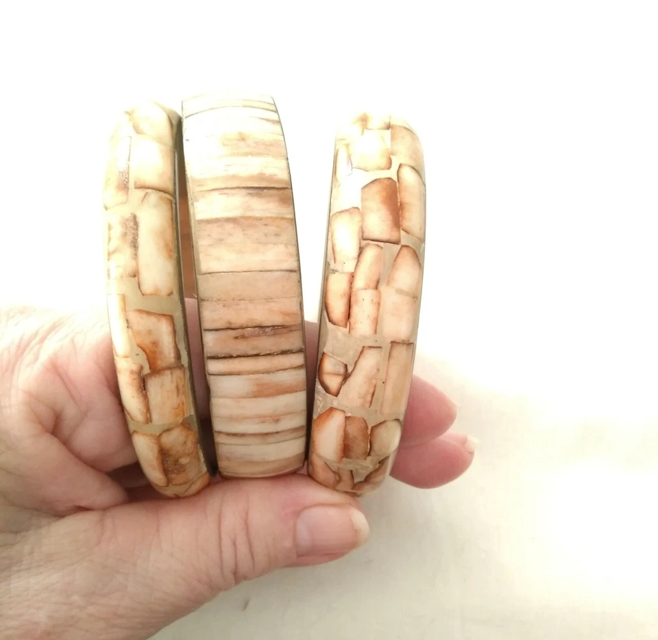 Vintage Brass Inlaid Bovine Bone Bangle Bracelets Set of 3 Peach Tan Brown Tones - Image 2 of 3