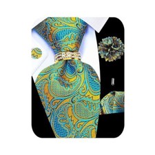 5PCS Paisley Tie and Pocket Square for Men, Silk Teal Gold Paisley Tie Set -194