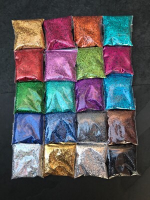 20g HOLOGRAFISCHER GLITZER/LÖSEMITTELBESTÄNDIG/ERWÄRMT BIS 180°C/20 FARBEN/3 GRÖßEN