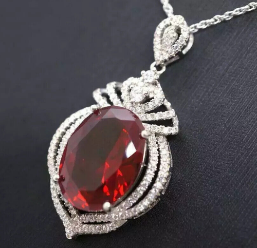 Halo Pendant 2Ct Oval Cut Lab Created Red Ruby in 14K White Gold Plated - Picture 2 of 7