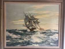 Print Montague Dawson. Oil On Board. Ship In Heavy Sea's. Deck View