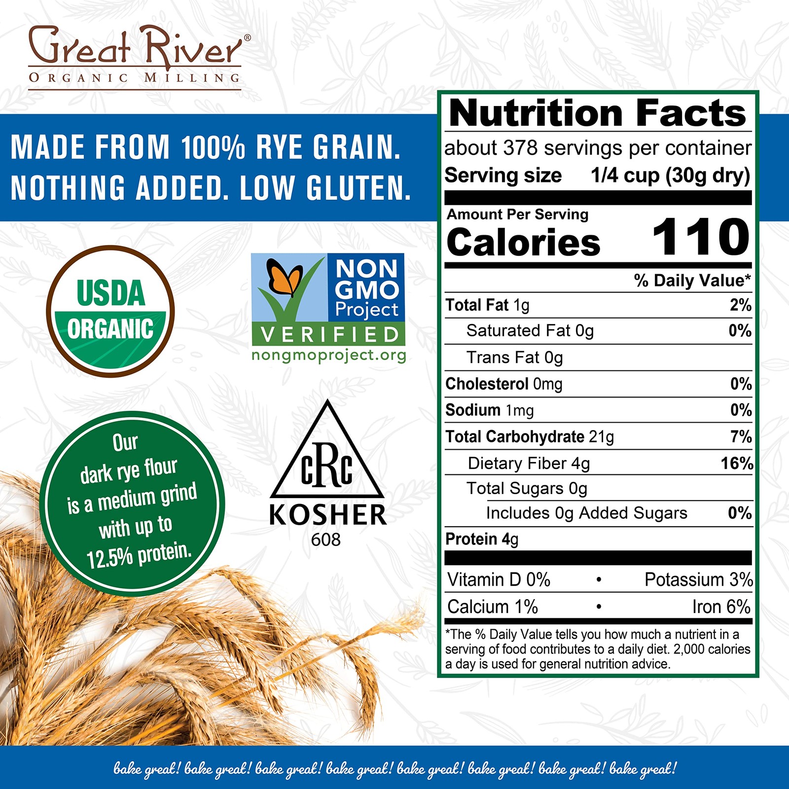 Great River Milling Organic Dark Rye Flour Whole Grain Rye Flour for Bread Unbro