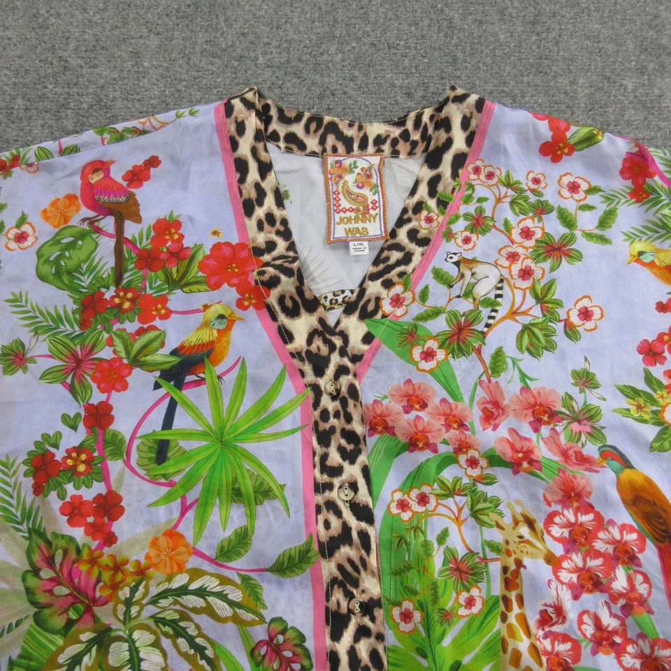 Blusa Johnny Was Kimono Top Mujer L/XL Seda Selva Animal Floral Borde Leopardo Foto 2 de 4