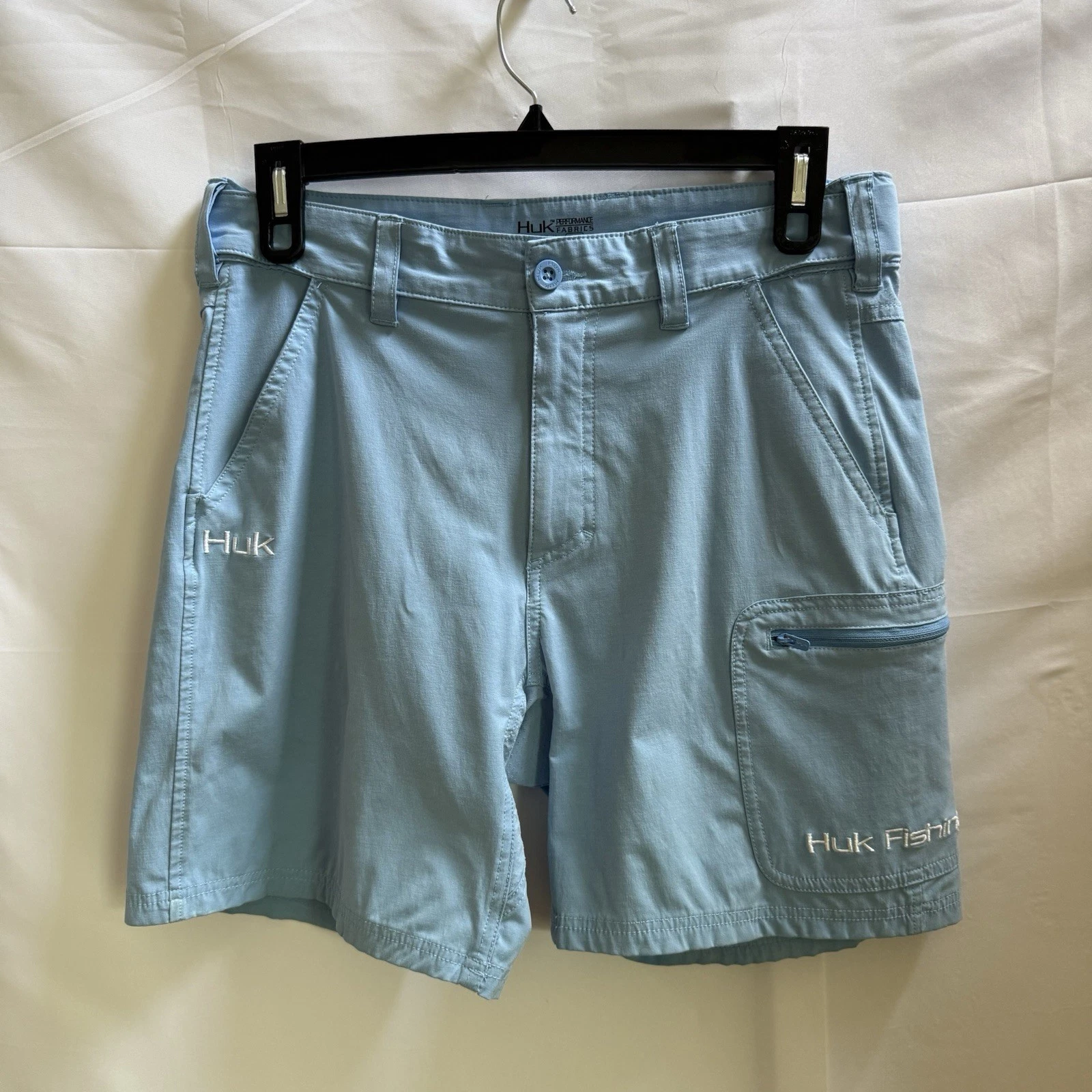 Huk Mens Cargo Shorts L Blue Stretch Cargo Zip Pocket Performance Fishing