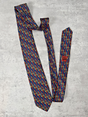 Vintage Hermes France Silk Neck Tie Horse Bit Buckle Blue 3
