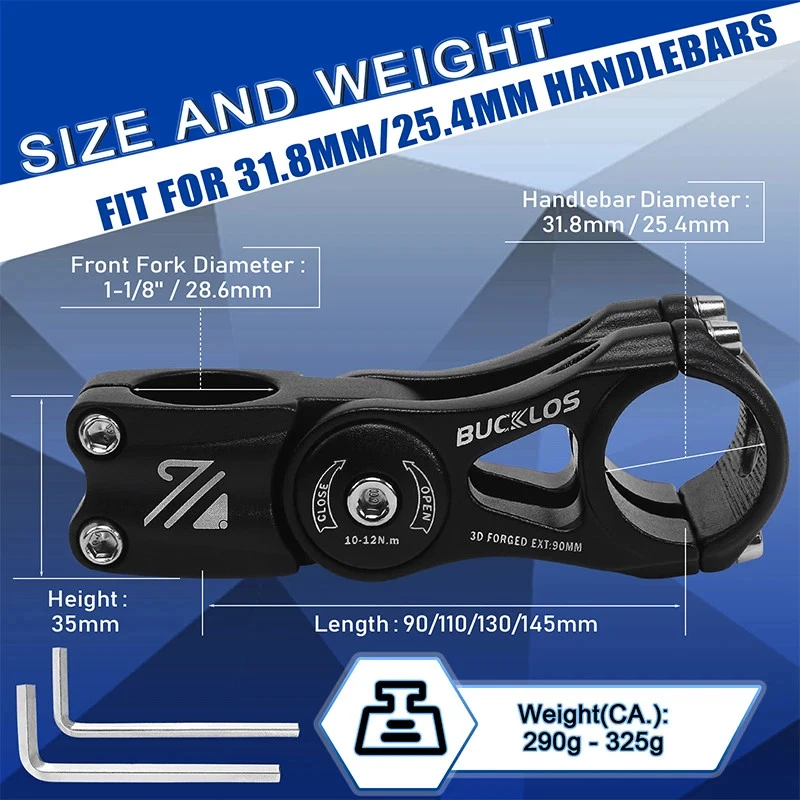 Vástago de manillar MTB forjado en 3D 31,8 mm 90/110/145 mm ±80 ° piezas de vástago de bicicleta ajustable Foto 3 de 4