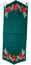 Green Linen Table Runner w Red Poinsettias 13x36