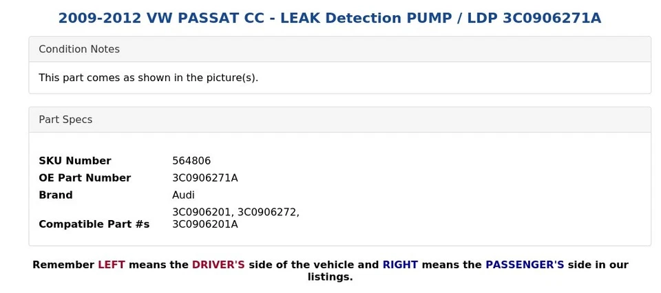 2009-2012 VW PASSAT CC - LEAK Detection PUMP / LDP 3C0906271A - Image 4 of 4
