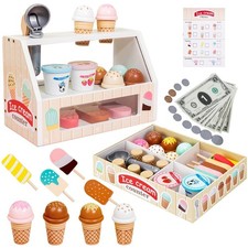 Wooden Ice Cream Toys for Kids Toddler,Ice Cream Counter Shop Pretend Play Toy F