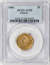 1908 $5 Liberty Gold Half Eagle PCGS AU55