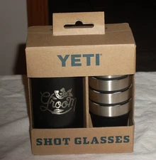 YETI Shot Glasses - 4 Shot Cups + 1 Holder in  BLACK  "FOR THE GROOM" NIB