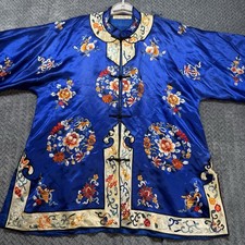 Chinese Embroidered Silk Satin Jacket Vtg Blue Floral Mandarin Frog Closure 44