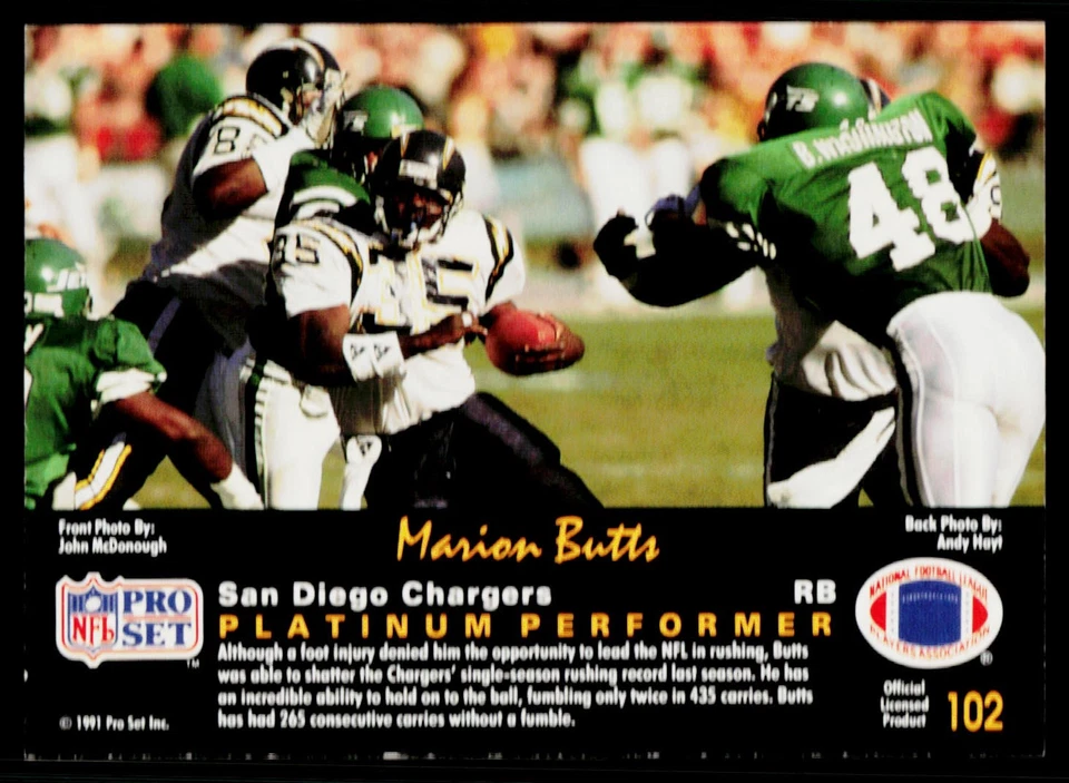 Marion Butts, 1991 Pro Set Platinum, #102, San Diego Chargers, - Image 2 of 2