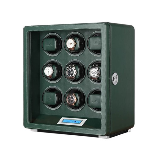 Automatic 9 Watch Winder in Dark Green Smooth Leather Finish by Aevitas - Picture 4 of 9