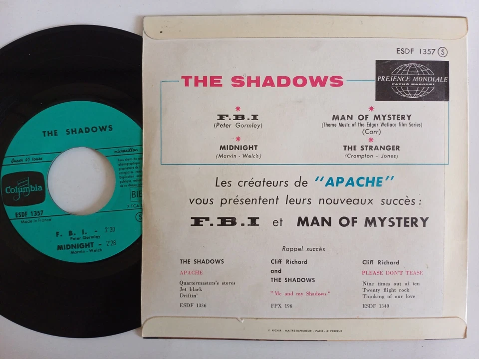 THE SHADOWS F.B.I EP Vinyle 45 t COLUMBIA ESDF 1357 - Photo 2/2