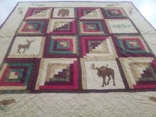 Vintage Feed Sack Hand Stitched Beautiful Forest Theme Log Cabin Quilt 91x89 in