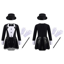 US Kids Girls Magician Outfit Festival Tailcoat Dresses With Hat Tutu Leotard