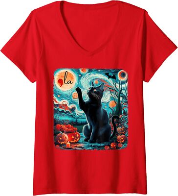 Black Cat Comma La Kamala Harris Halloween Starry Ladies' V-Neck Tshirt