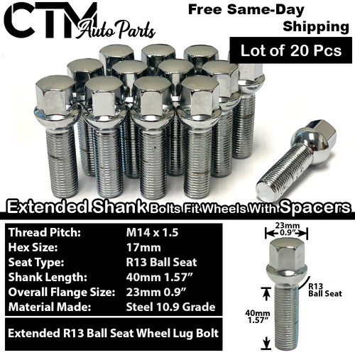 20x Chrome 14x1.5 Ball Seat Extend Lug Bolt 40mm Shank Volkswagen 10-15mm Spacer - Picture 1 of 5