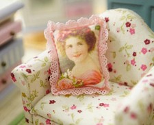 Romantico cuscino in miniatura vittoriano per casa delle bambole bambina e rosa scala 1:12